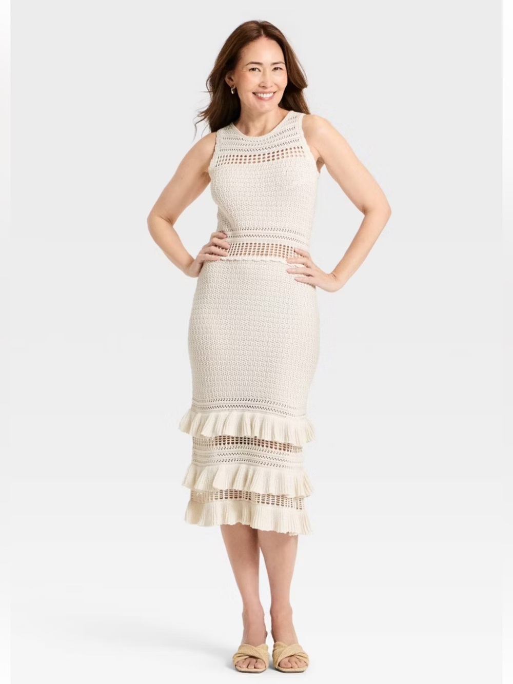 A New Day Cream Ruffle Sweater Midi Dress 100% Cotton Size XL New